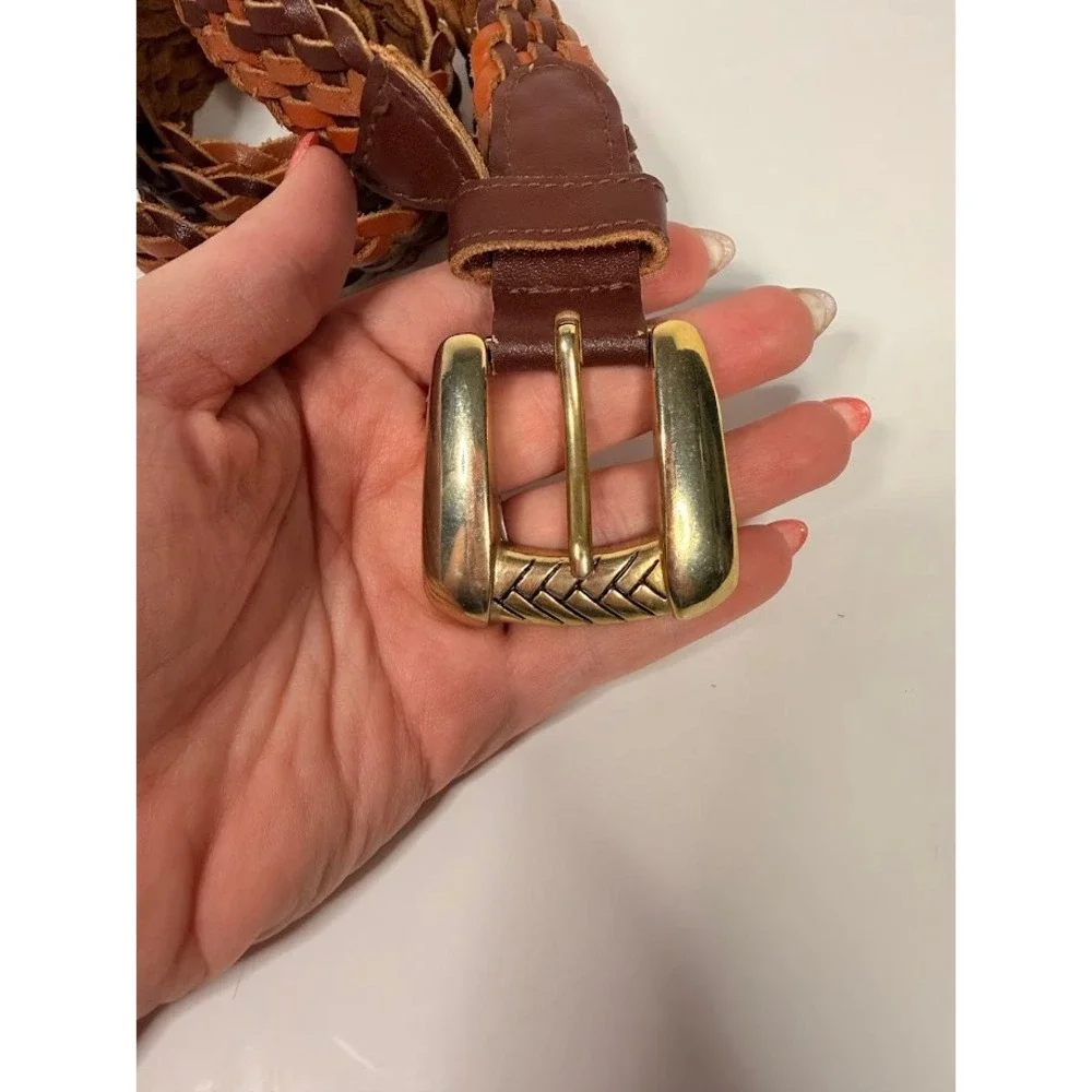 Chic Vintage Mens Braided Leather Belt Brown Gold Etched Buckle‎ Size Large Prep